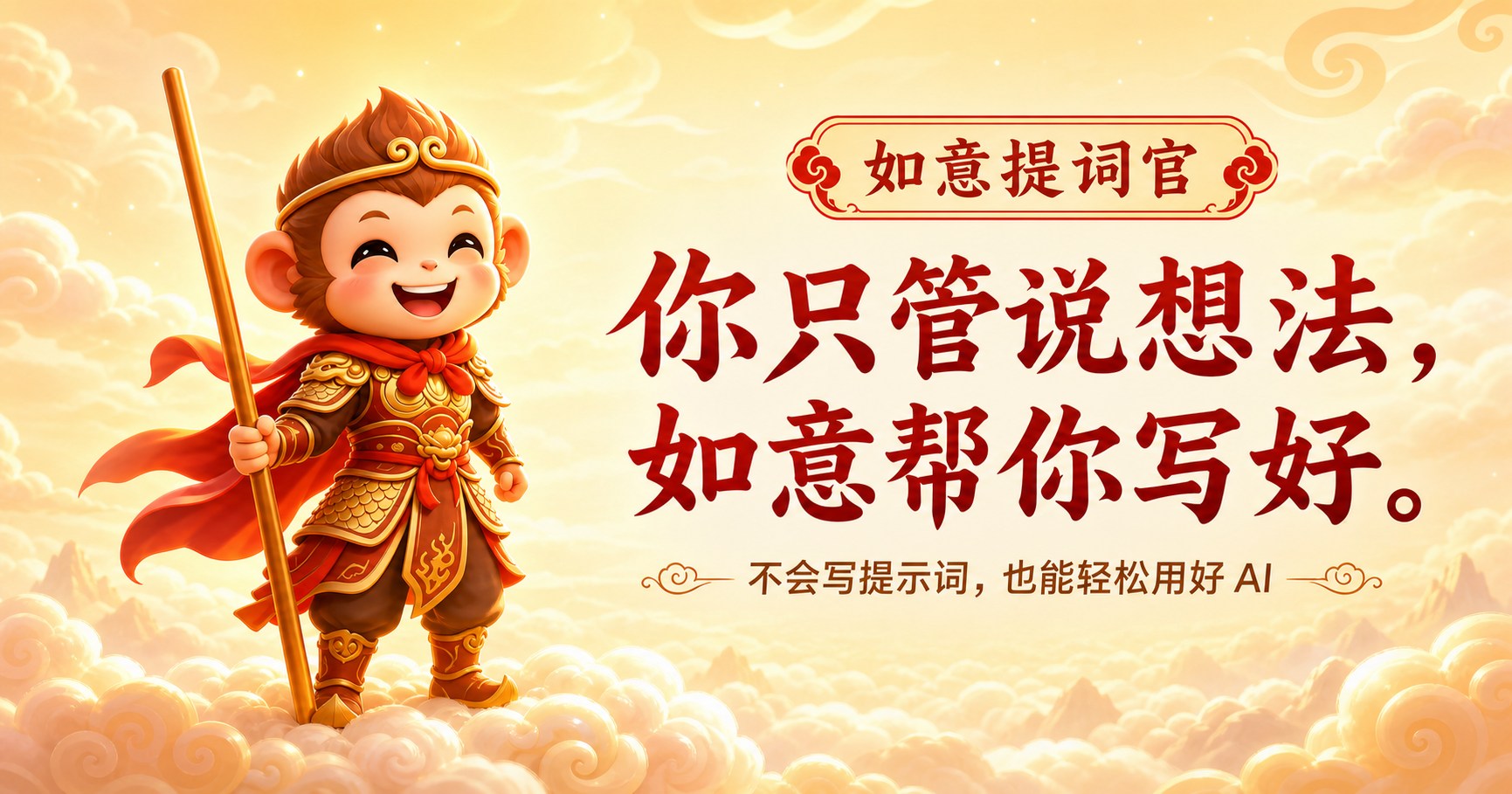 如意提词官:左侧是手持金箍棒的完整悟空形象,右侧写着你只管说想法,如意帮你写好